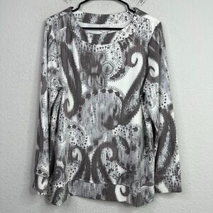 Weekends By Chicos Shirt Womens L Gray White Abstract Floral Long‎ Sleeve Boho